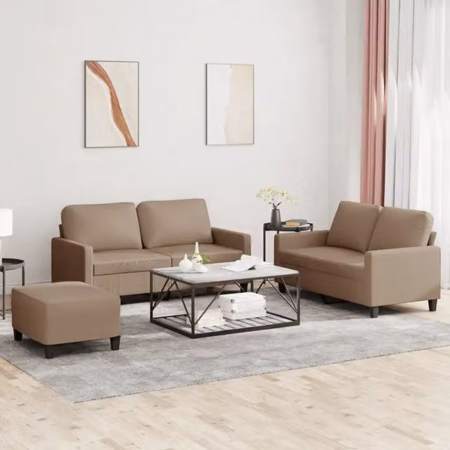 Set di divani moderno vidaXL in similpelle beige composto da divano a 2 posti, divano a 3 posti e pouf con cuscini inclusi