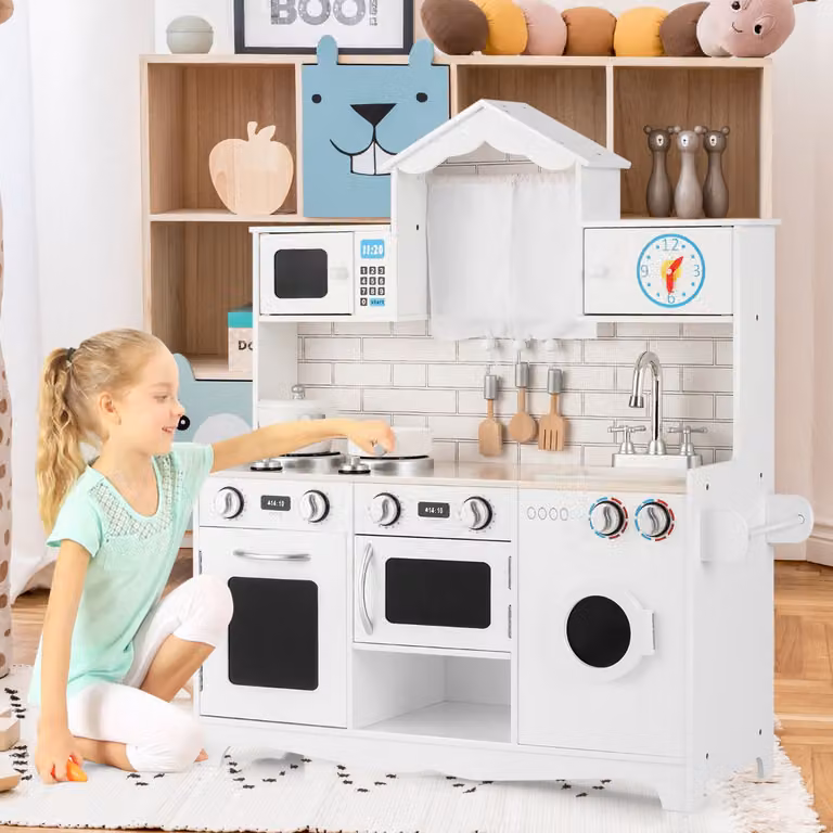 Set cucina giocattolo in legno Costway con lavatrice e piano cottura, Bianco