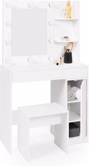 IDMarket Mobiletto ZELIA bianco con specchio LED, 1 cassetto, ripiani, contenitore e sgabello