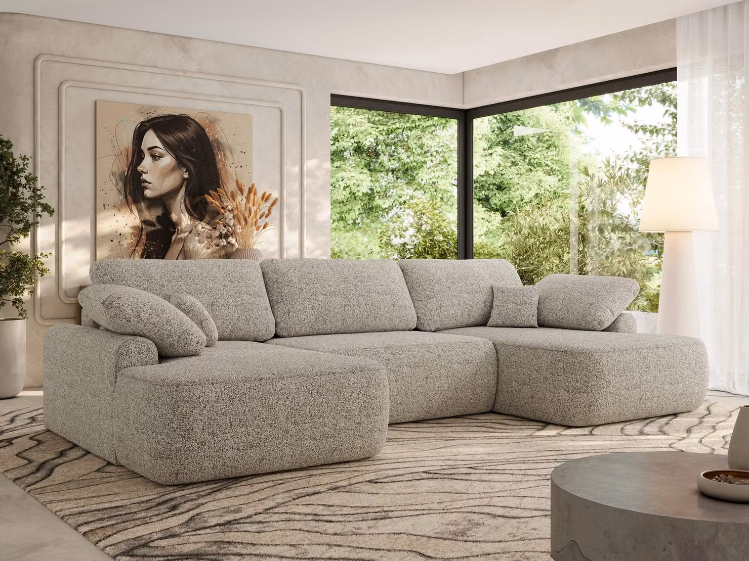 MKS MEBLE Divano angolare a U, molla a onda, divano angolare con funzione letto, box letto e cuscini sfusi, 370x187x100cm - CUBO U - Struttura beige