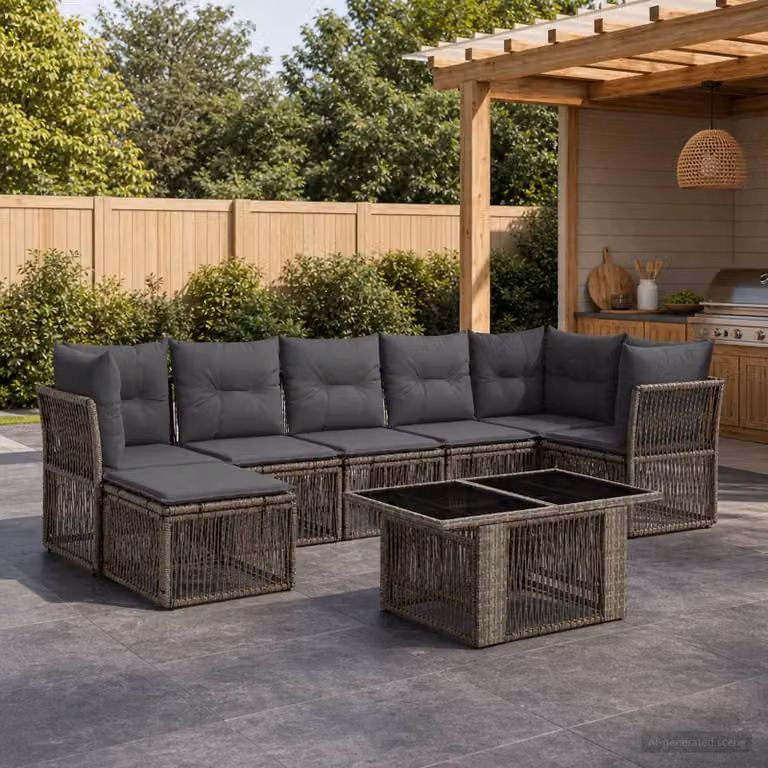 Set Divano da Giardino vidaXL 8 pz in Polyrattan Grigio con Cuscini e Tavolino