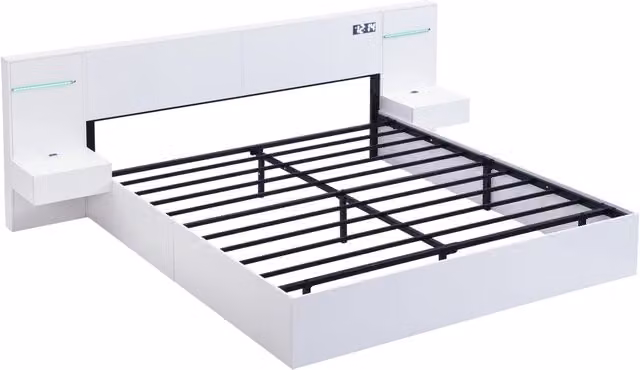 Letto matrimoniale 160x200 cm in MDF bianco con LED colorati, orologio elettronico e casse Bluetooth integrati, senza materasso