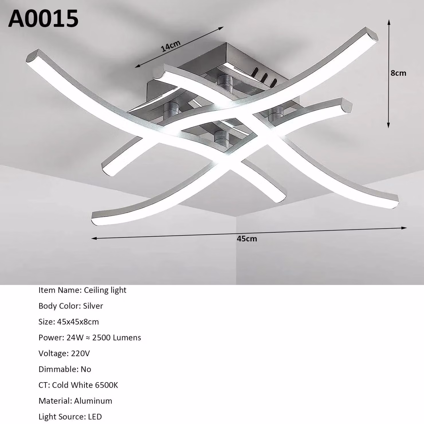 Pannello luminoso a LED - Design moderno - 4 sorgenti luminose - Forma elegante e sinuosa - Luce bianca fredda 6500 K - Non dimmerabile - Codice colore A0015