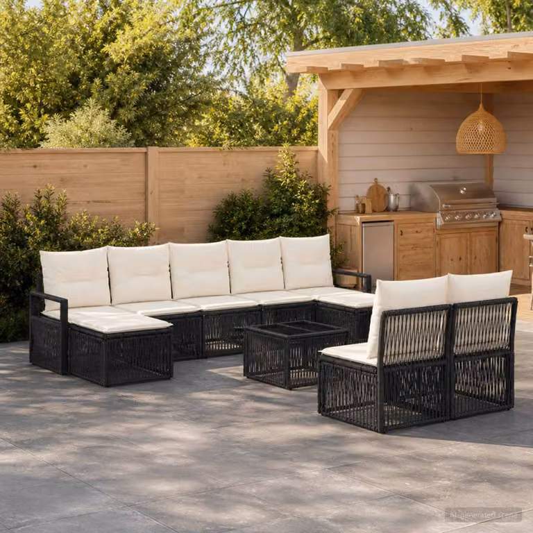 Set Divano da Giardino vidaXL 10 Pezzi a Forma di U con Cuscini, Tavolino e Pouf, Colore Nero