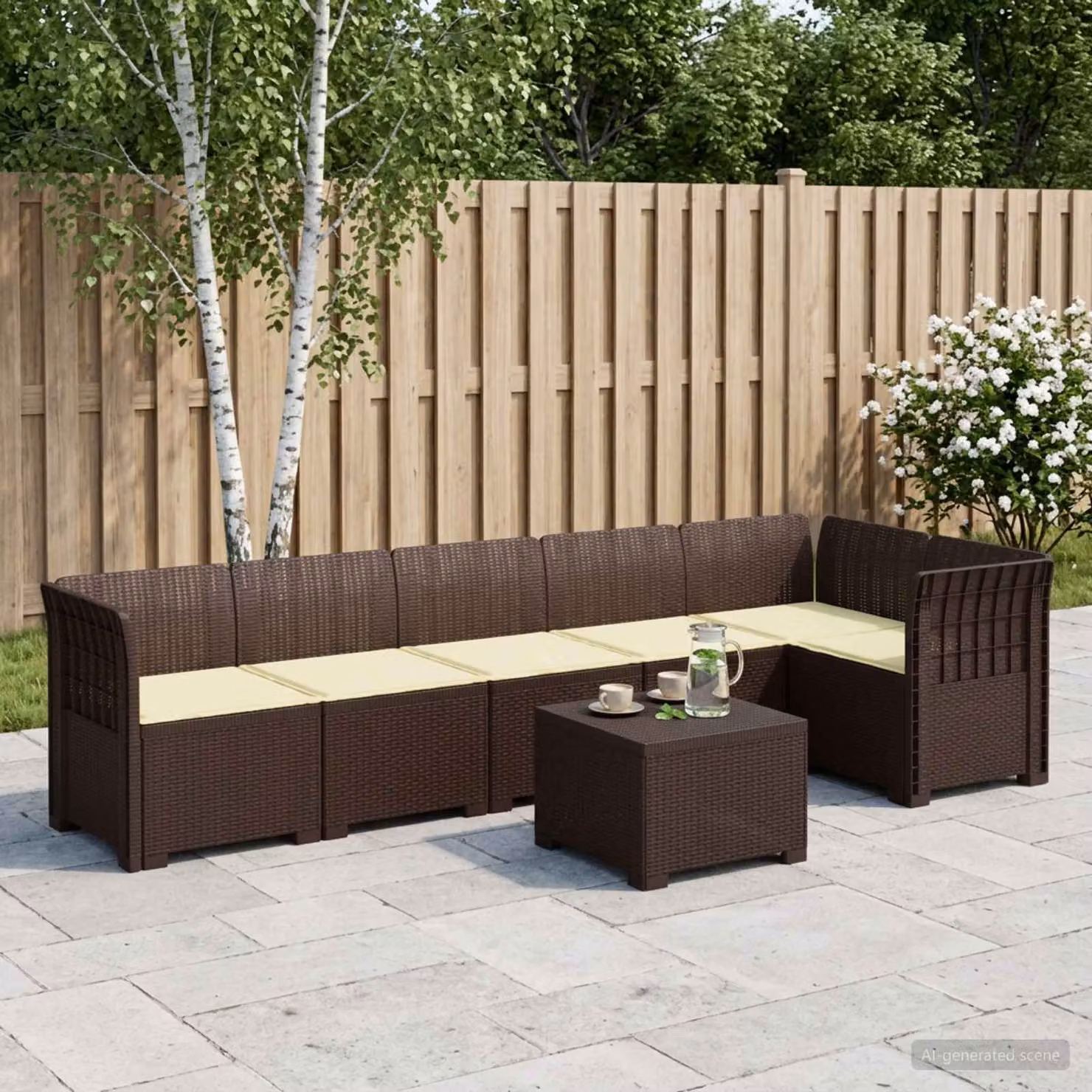 Set da giardino vidaXL a forma di L con divano da 6 posti, tavolino da caffè e cuscini, colore marrone e beige, design moderno in rattan resistente alle intemperie