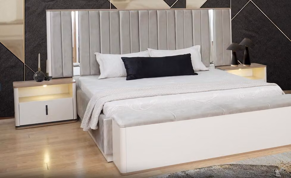 Schlafzimmer Set Polsterbett Bett Nachttische Mit Beleuchtung Beige