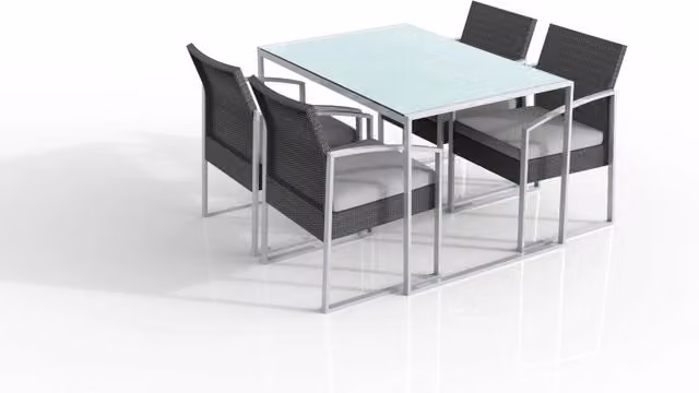 Set tavolo da pranzo tavolo con 4 sedie, polirattan nero lavato, cuscini grigio Fredi Baboi