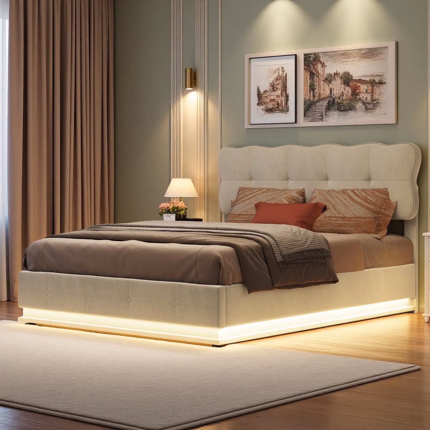 UnboxG Letto imbottito 140x190 cm con contenitore e illuminazione a LED, letto matrimoniale in velluto beige con contenitore idraulico e rete a doghe, telaio letto con illuminazione a LED sotto il letto in 7 colori, telecomando
