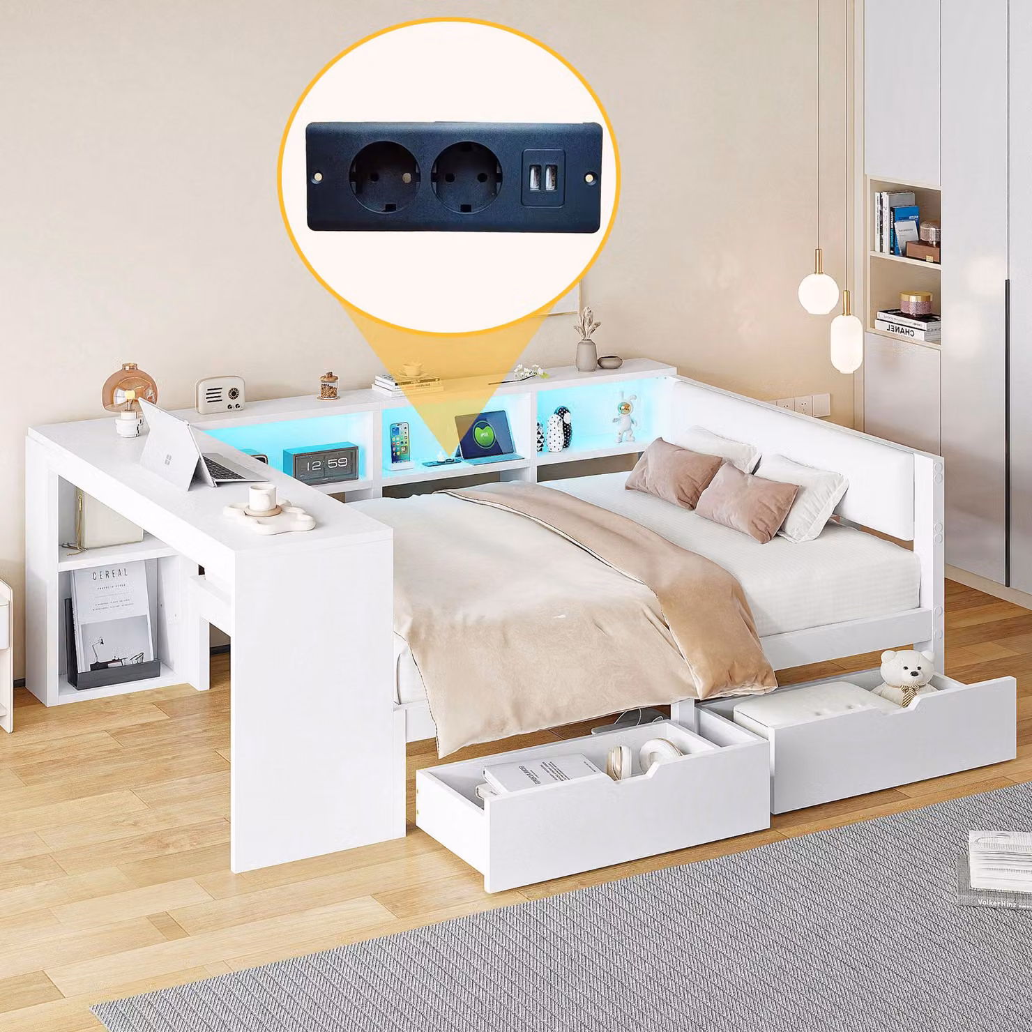 Merax divano letto 140x200 cm con prese di corrente, LED, 2 cassetti, scrivania, vano portaoggetti, testata imbottita, letto per bambini, letto in legno, bianco