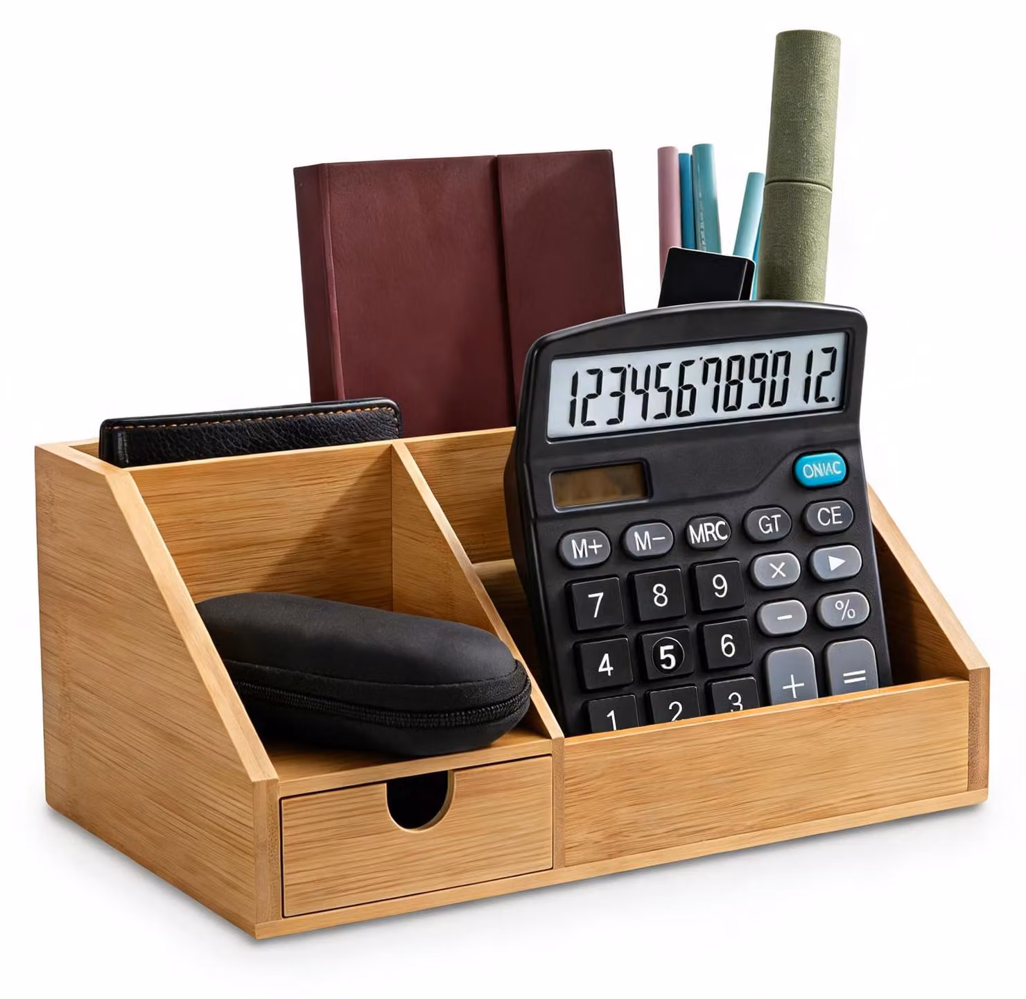 Organizzatore da scrivania in bambù, con 6 scomparti, in legno, ideale per scrivania e tavolo da trucco