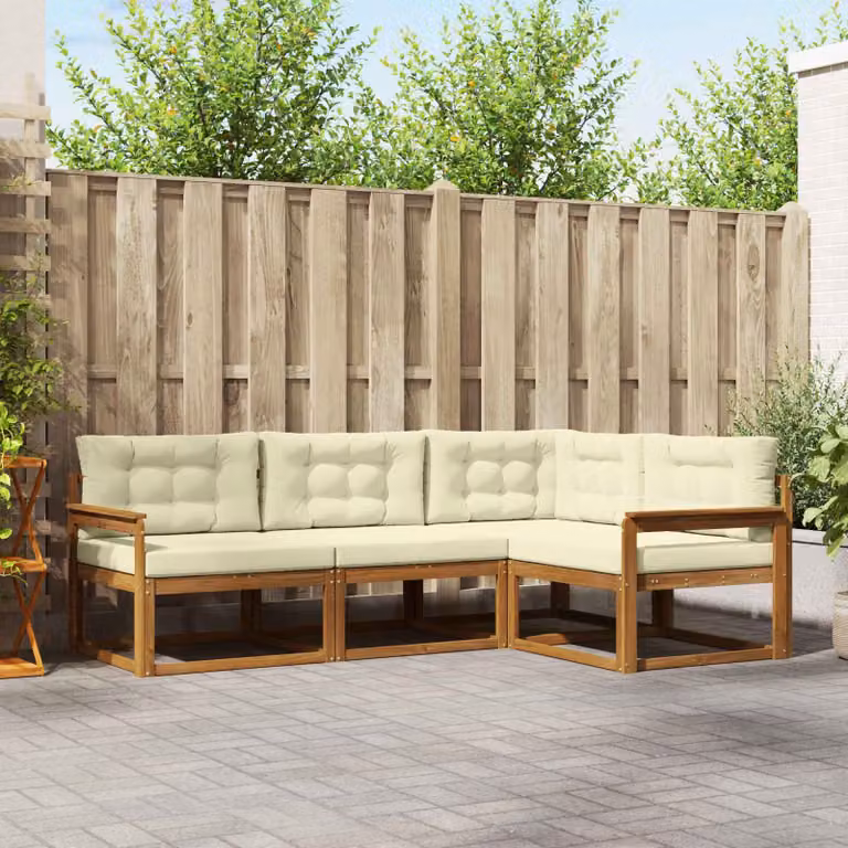 Set di divani da esterno vidaXL a forma di L composto da 4 pezzi in legno di acacia con cuscini beige e marrone
