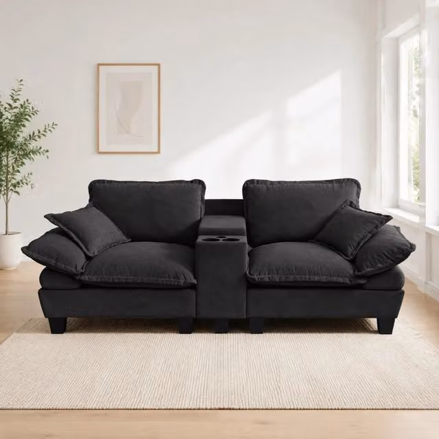 Divano moderno Mivray in tessuto nero con porte USB, portabicchieri e coperture rimovibili per il tuo soggiorno, L: 224 cm, P: 90 cm, H: 82 cm