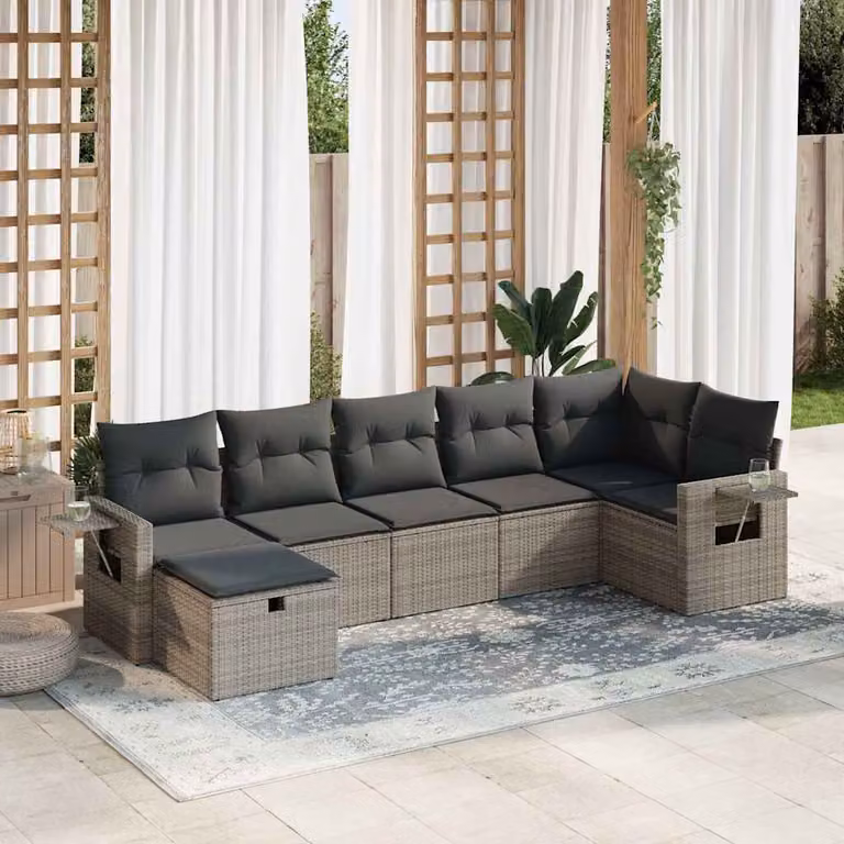 Set di divani da giardino vidaXL in polyrattan grigio con cuscini, composizione a L con poltrone, elementi angolari e pouf