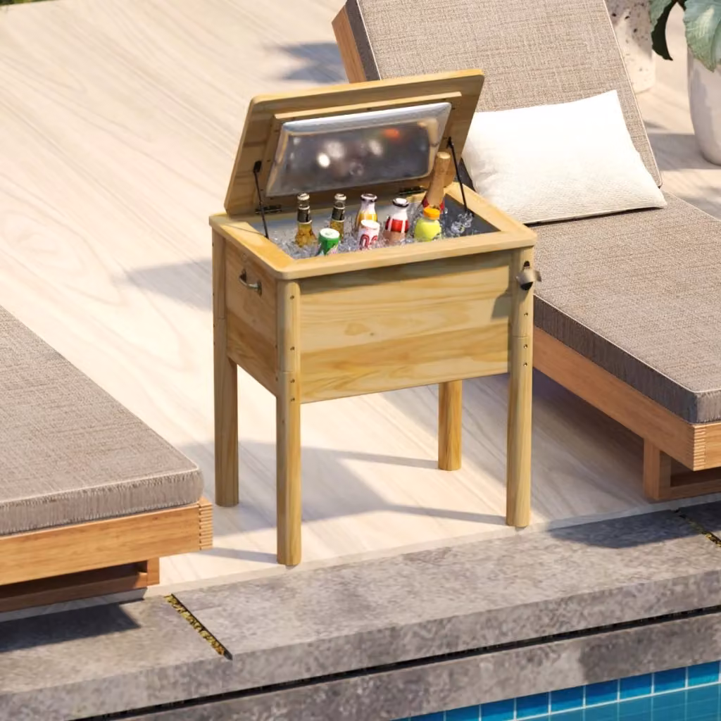 Tavolo portavivande in legno naturale Outsunny da 51 L con 3 maniglie e apribottiglie integrato colore marrone – 2