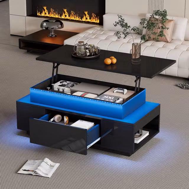 Tavolino da caffè Zephmum regolabile in altezza con vano nascosto e LED, nero lucido, L: 96 cm, P: 45 cm, H: 40 cm