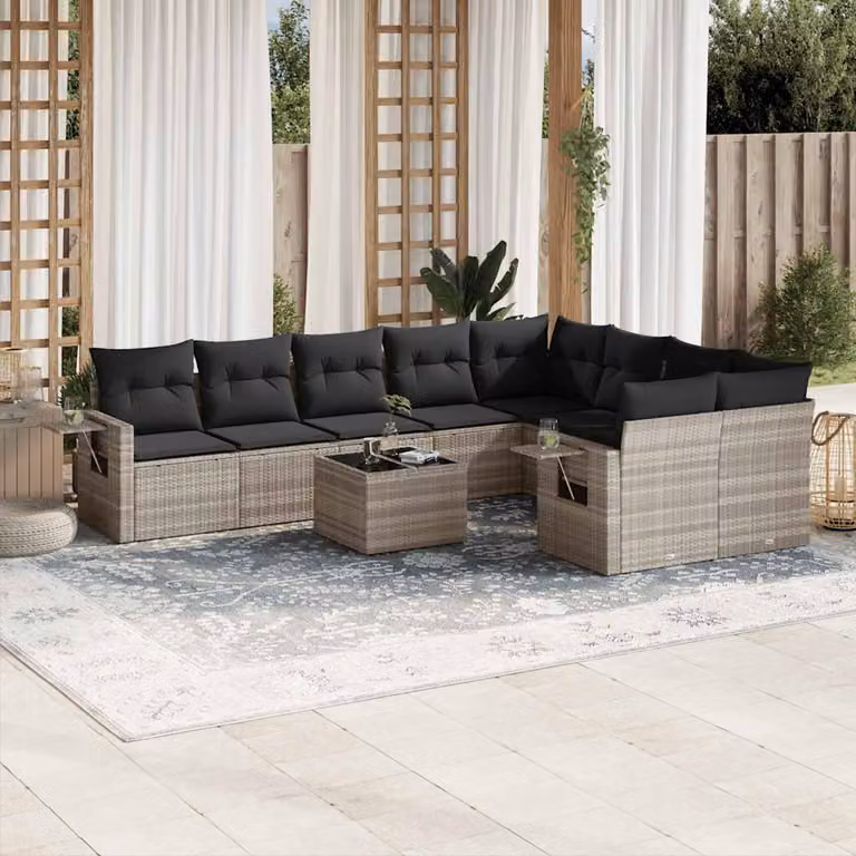 vidaXL Set Divano da Giardino a L 10 Pezzi in Polyrattan Grigio Antracite con Cuscini e Tavolino