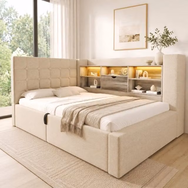 Letto singolo 90x200 cm con contenitore idraulico; LED e porte USB; lino beige