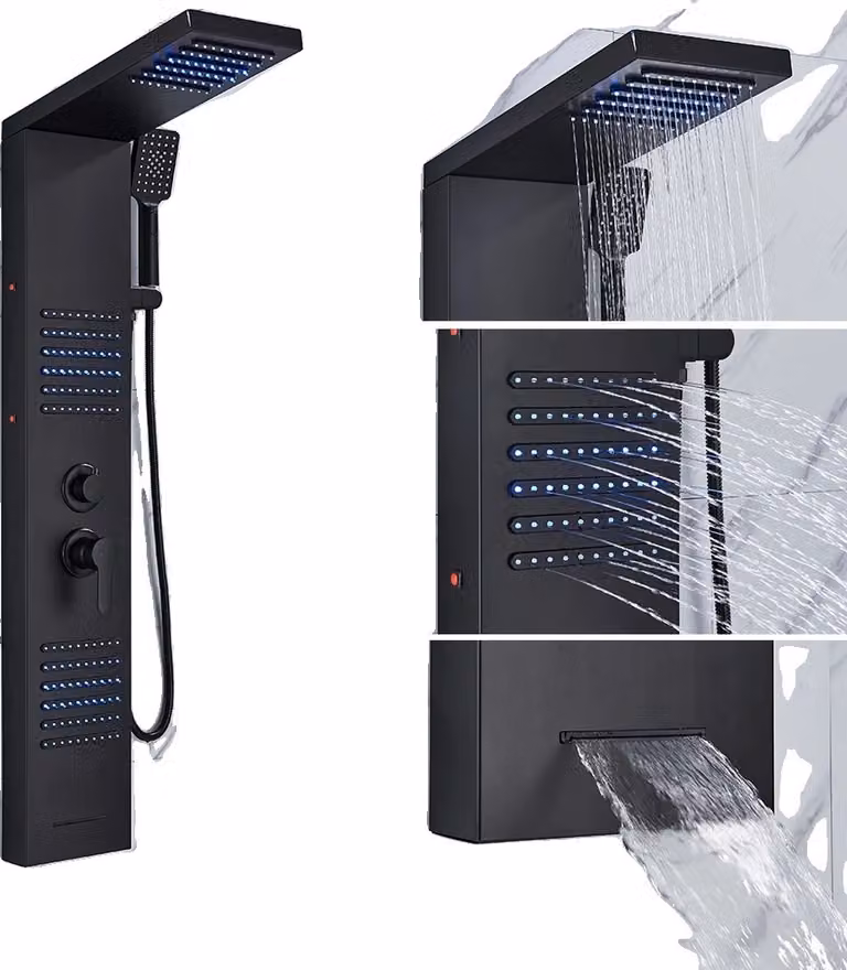 Sistema di colonne doccia, comando a doppia maniglia, illuminazione LED blu, nero opaco 6004