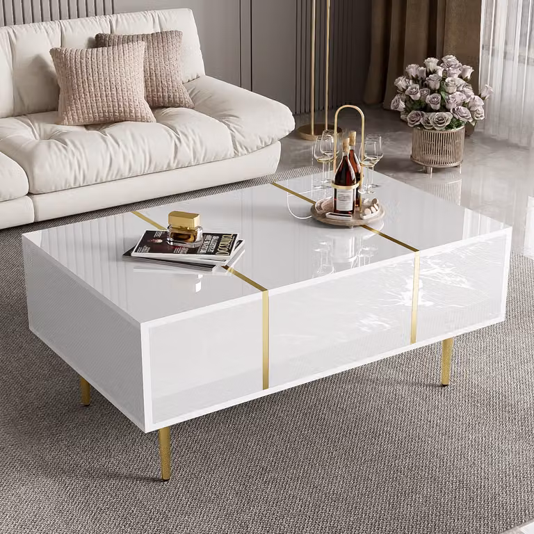okwish Tavolo da conferenza, rettangolare, con finitura lucida. Tavolo da camera da letto, tavolino da soggiorno con spazio contenitivo, tavolo con 2 cassetti, bianco
