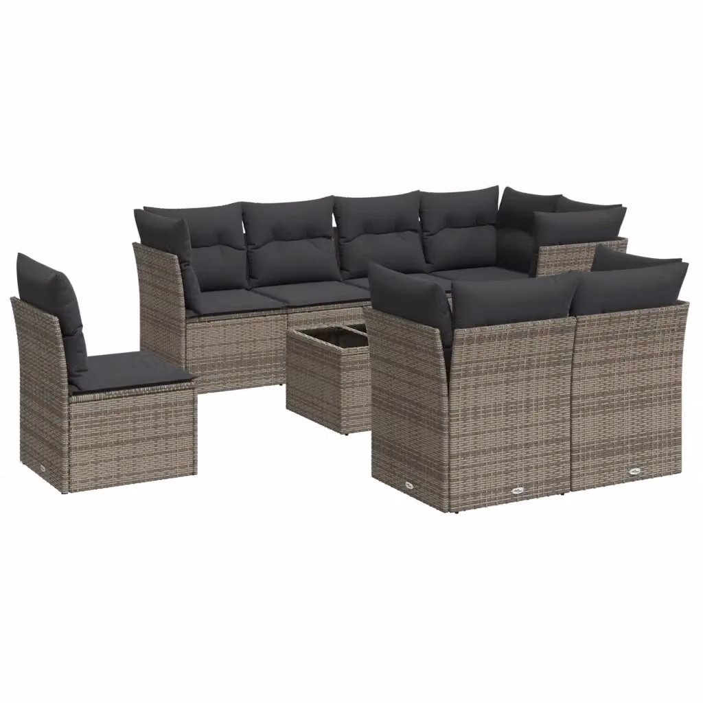 vidaXL Set Divano da Giardino 9 pz a Forma a L in Polyrattan Grigio con Cuscini e Tavolino da Caffè – 2