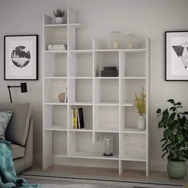 Libreria Achela moderna in MDF bianco per ufficio e soggiorno L: 122 cm, P: 25,5 cm, H: 188 cm – 1