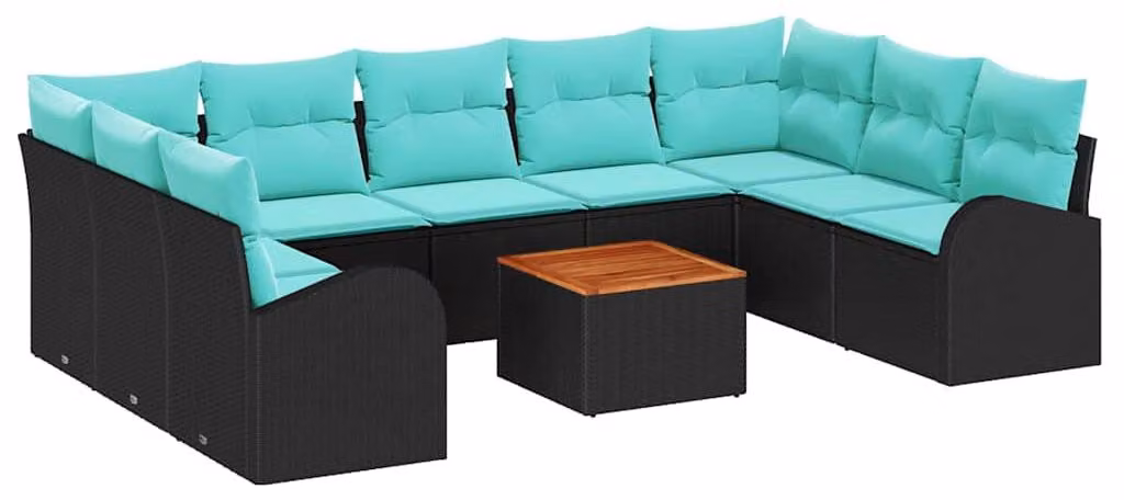 Set da giardino composto da 10 pezzi, in rattan sintetico nero e turchese