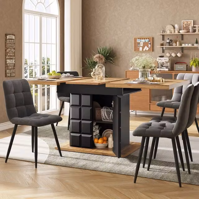 Tavolo da cucina e sala da pranzo allungabile WISHDOR in MDF e metallo, nero e marrone, L: 110-140 cm, P: 80 cm, H: 75 cm – 1