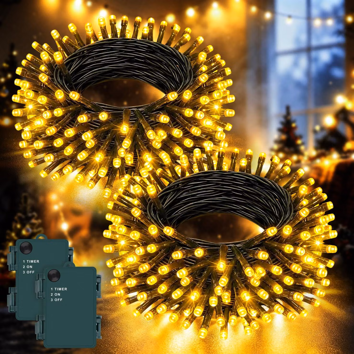 Catena luminosa, 3 metri, 30 LED, luce bianco caldo, grado di protezione IP65, timer, confezione da 2 pezzi