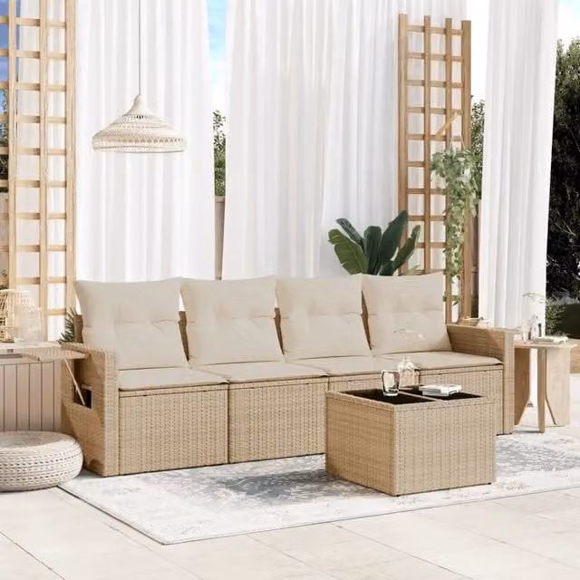 Set da giardino moderno vidaXL composto da 5 pezzi con divano a 3 posti, divano a 2 posti, poltrone, tavolino e pouf in rattan con cuscini beige e struttura in acciaio verniciato a polvere