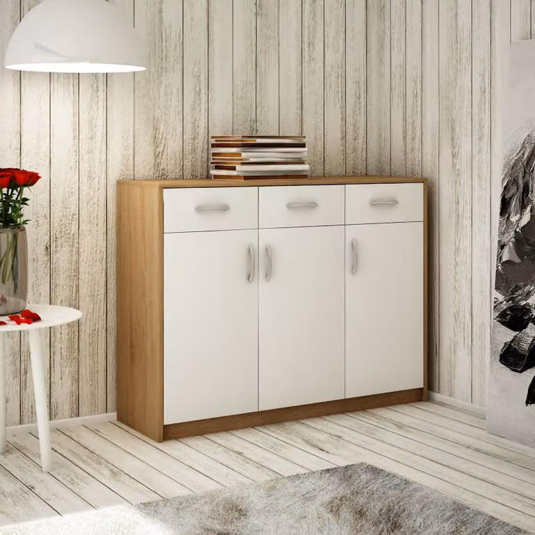 Comodino con 3 cassetti e 3 ante, finitura opaca. Comodino in legno di 110 cm, colore sonoma o bianco