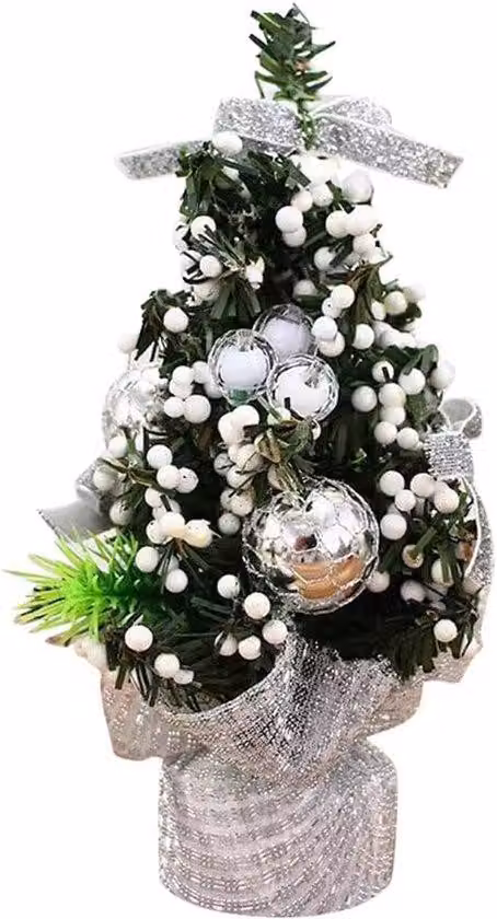 Mini albero di Natale da 20 cm con palline colorate e decorazioni floreali argentate