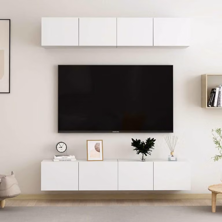 Set di 4 mobili TV moderni vidaXL in legno multistrato bianco, sospesi a parete, L/P/H: 80 x 30 x 30 cm