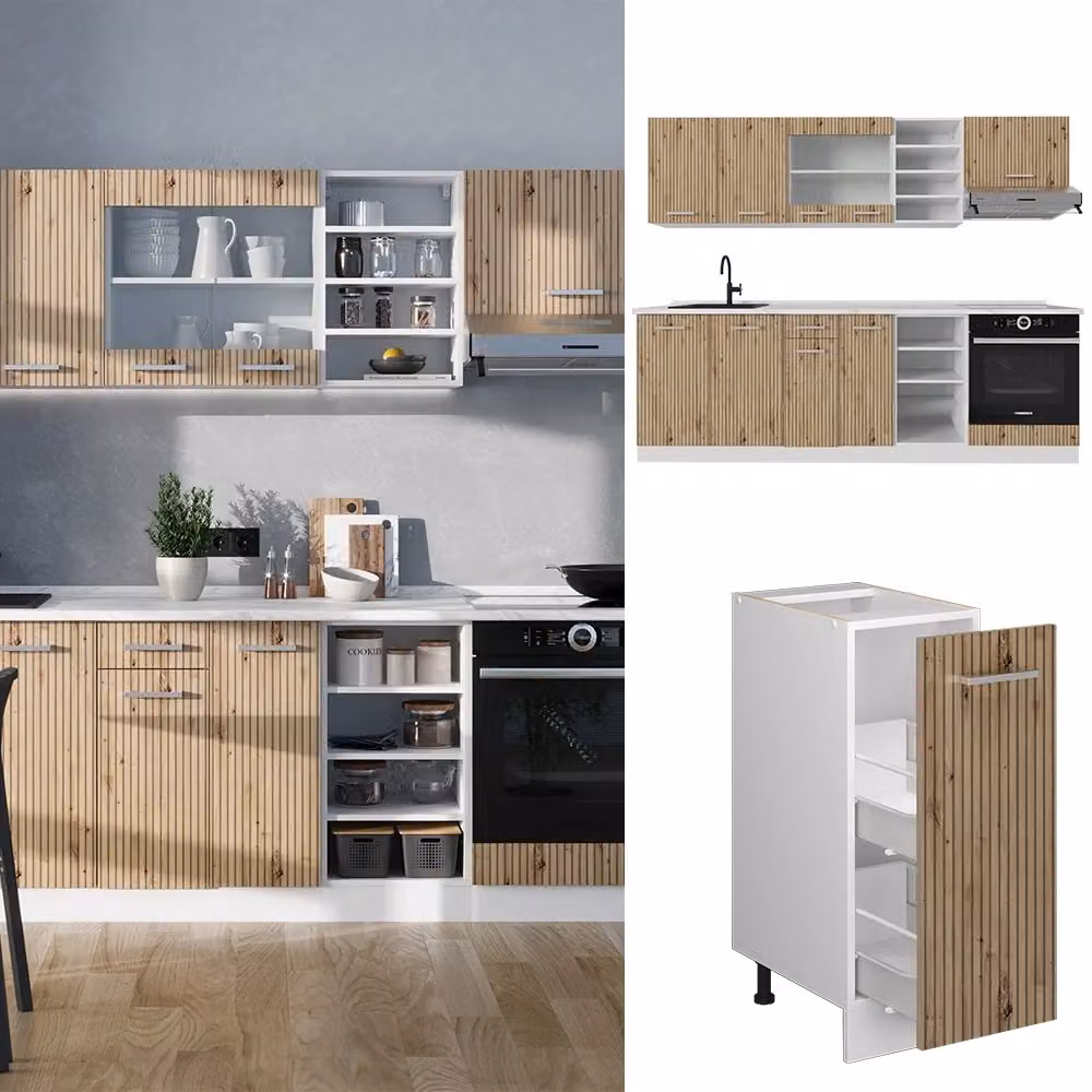 Cucina componibile moderna Vicco R-Line in rovere e bianco con piano antracite, L: 240 cm – 2