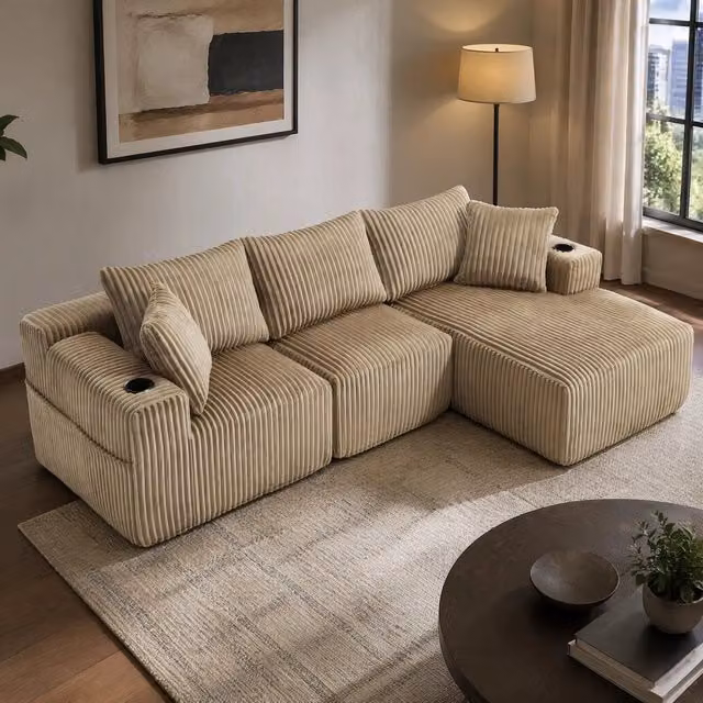 Divano modulare ULEVR con chaise longue e modulo 2 posti, 5 cuscini, portabevande e tasche laterali, velluto a coste kaki