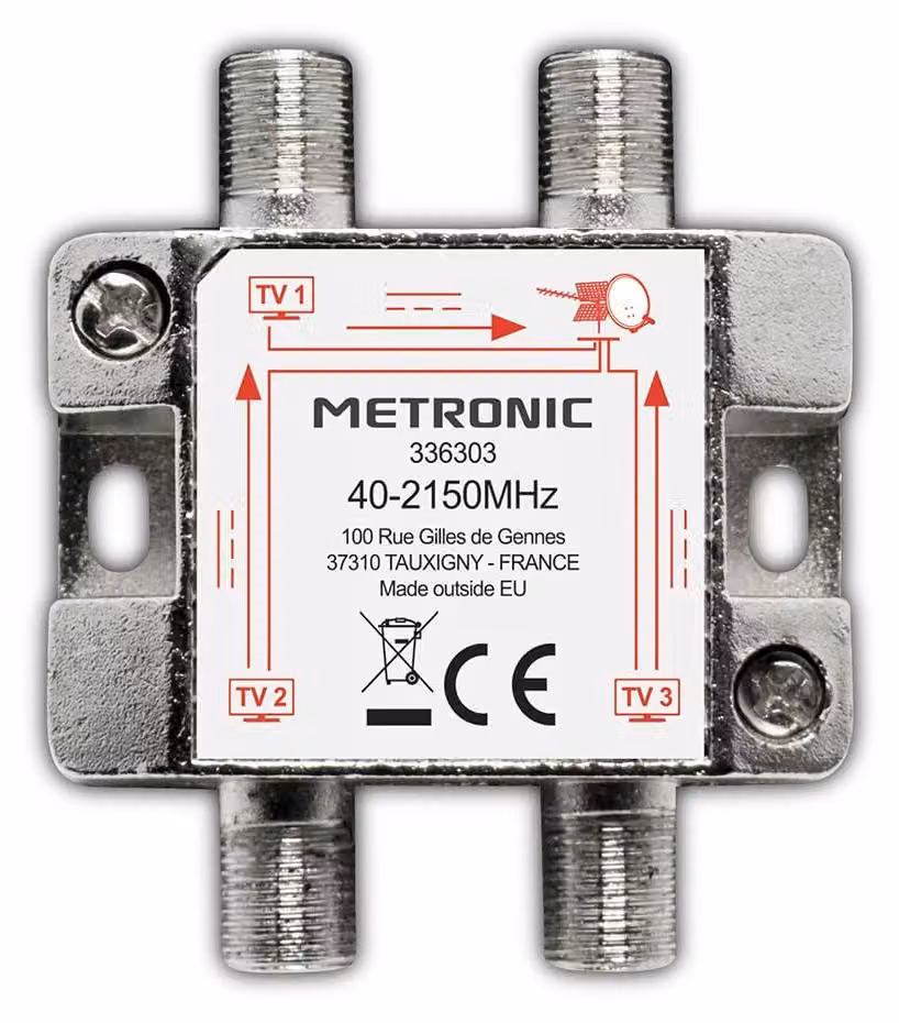 Metronic 336303: divisore TV, splitter coassiale, compatibile con DVB-T2 e segnale satellitare, antenna TV