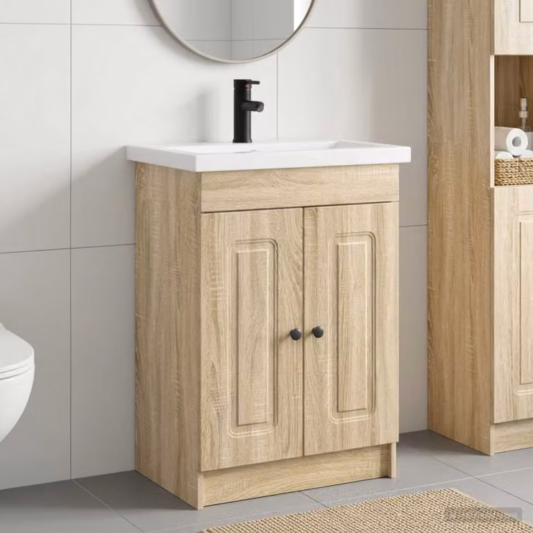 Set di mobili per il bagno vidaXL moderno in legno e metallo, colore marrone, L/P/H: 56 x 37,5 x 81 cm