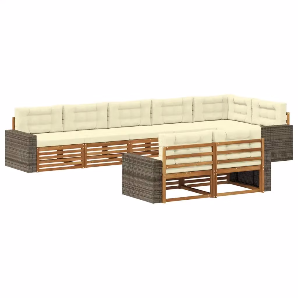 Set di divani da esterno a L vidaXL in legno di acacia con cuscini, 8 pezzi, Marrone e Beige – 2