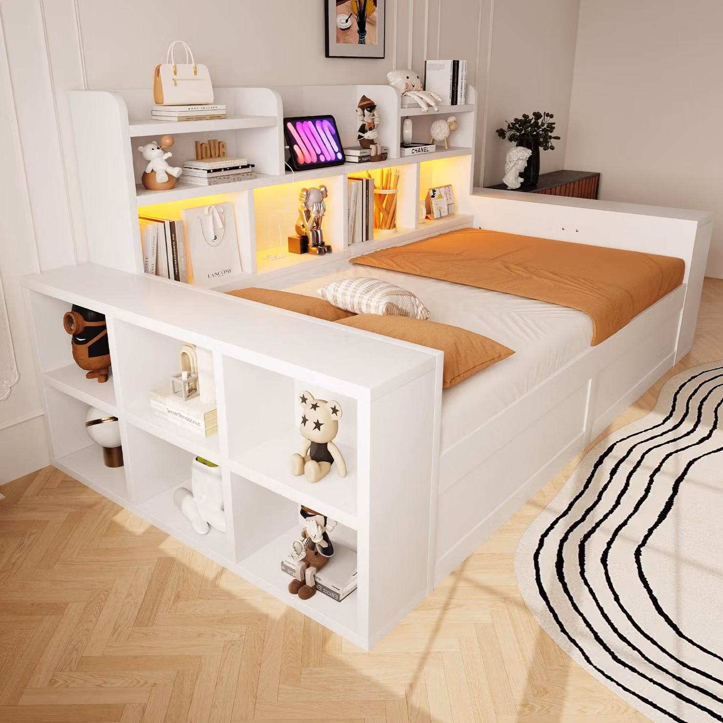 Divano letto trasformabile in chaise longue, 90x200 cm, con contenitori, letto singolo per ragazzi con presa di corrente e LED, letto imbottito con ripiani, realizzato in compensato e MDF, colore bianco
