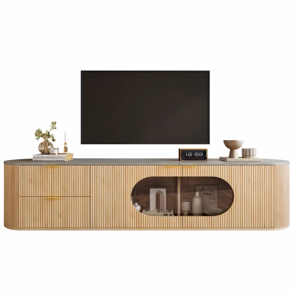 Mobile TV Chicfurn in MDF per Soggiorno con 2 Ante, 1 Cassetto e Vetrina in Vetro Grigio, Colore Naturale, L 172 x P 38 x H 45.5 cm – 2