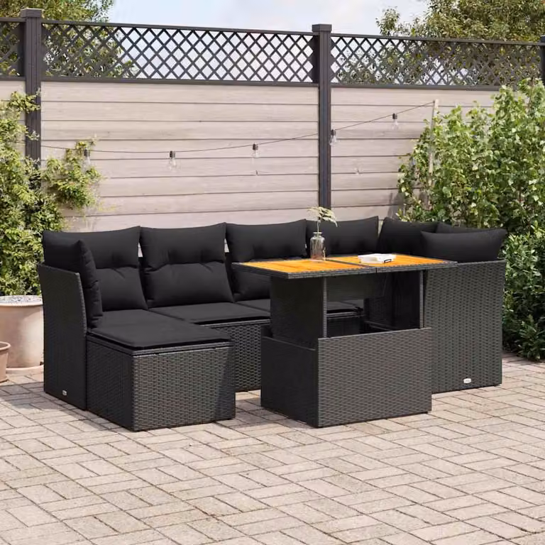 Set Divano da Giardino a L vidaXL in Polyrattan Nero con 7 Cuscini e Tavolino da Esterno