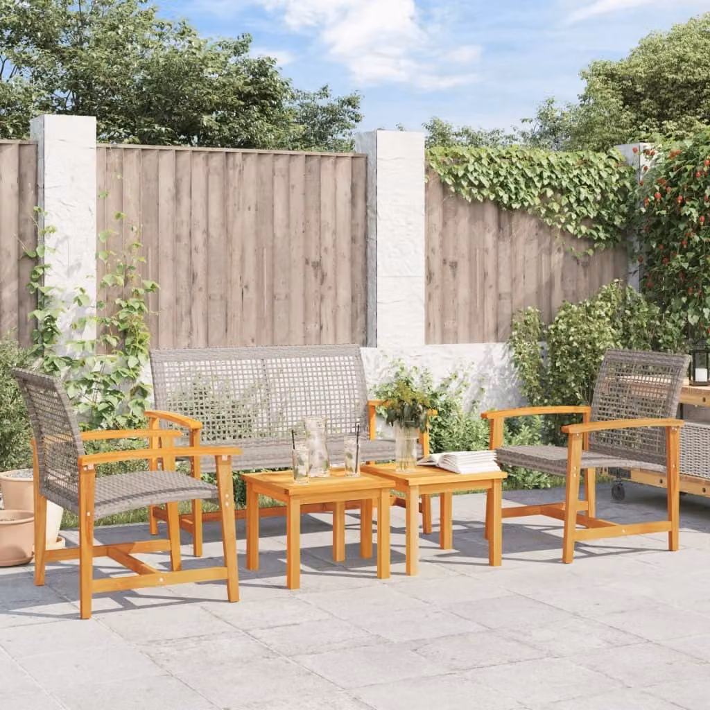 Set da esterno esclusivo, composto da 5 pezzi, in rattan sintetico grigio e legno di acacia