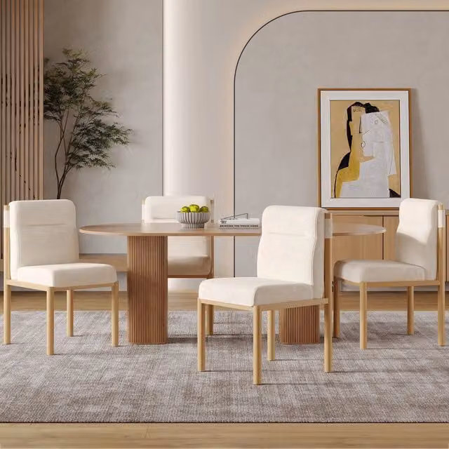Set di 4 sedie da pranzo Minimal beige con rivestimento in tessuto sherpa e struttura effetto legno rovere, design moderno scandinavo