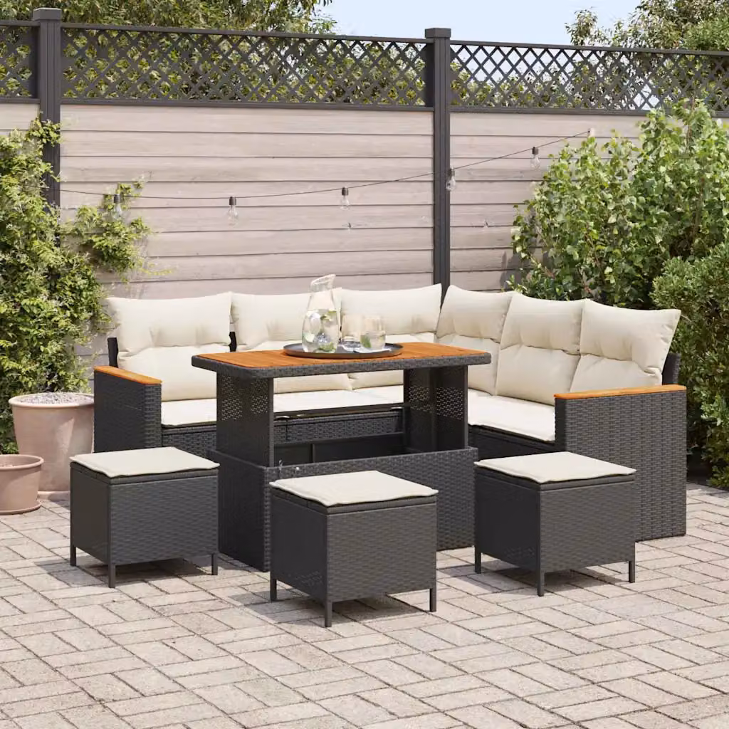 Set Divano da Giardino a L vidaXL con Cuscini e Tavolino Nero in Poly Rattan e Metallo – 1