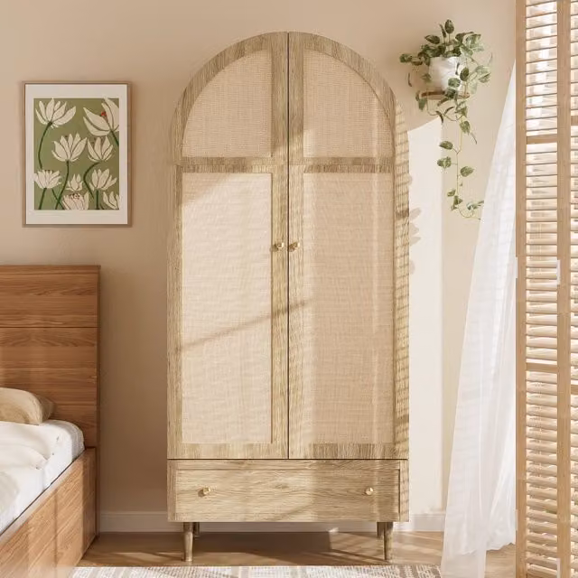 Armadio con ante rivestite in lino; asta e cassetti; MDF; rovere; per camera da letto