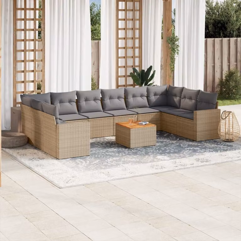 vidaXL Set Divani da Giardino 11 pz in Polyrattan Beige con Cuscini e Tavolino da Esterno