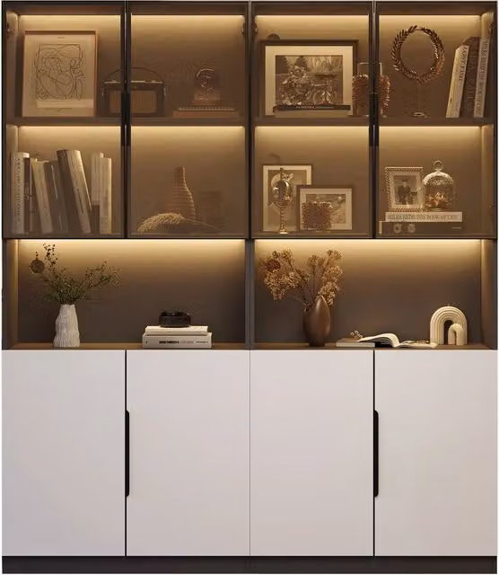 Vetrina Moderna con Luci LED 160x30x200 cm Mobile Vetrina Bianco e Nero in Vetro Temperato per Soggiorno
