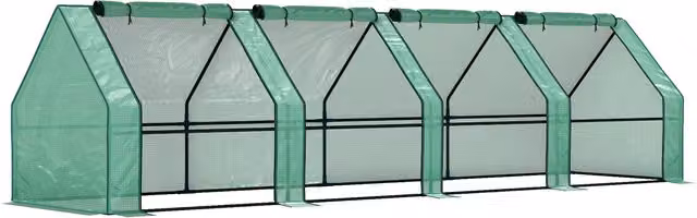 Mini Serra da Giardino Outsunny con 4 Porte Arrotolabili e Copertura Allungata, Acciaio e PE, Verde, L 360 x P 90 x H 90 cm