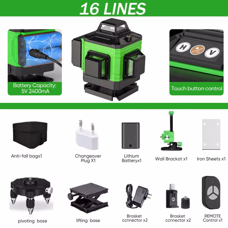 Livella laser - 4D autonivelante, 16 linee - 360° orizzontale e verticale - Raggio laser verde - Batteria inclusa