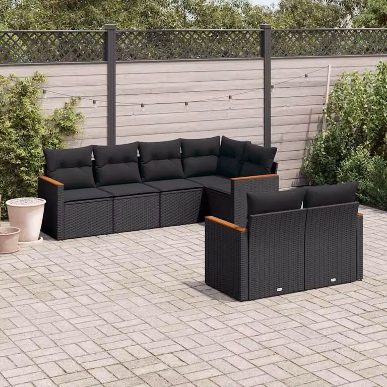 Set di divani da giardino vidaXL a forma di L con 7 cuscini in polyrattan nero
