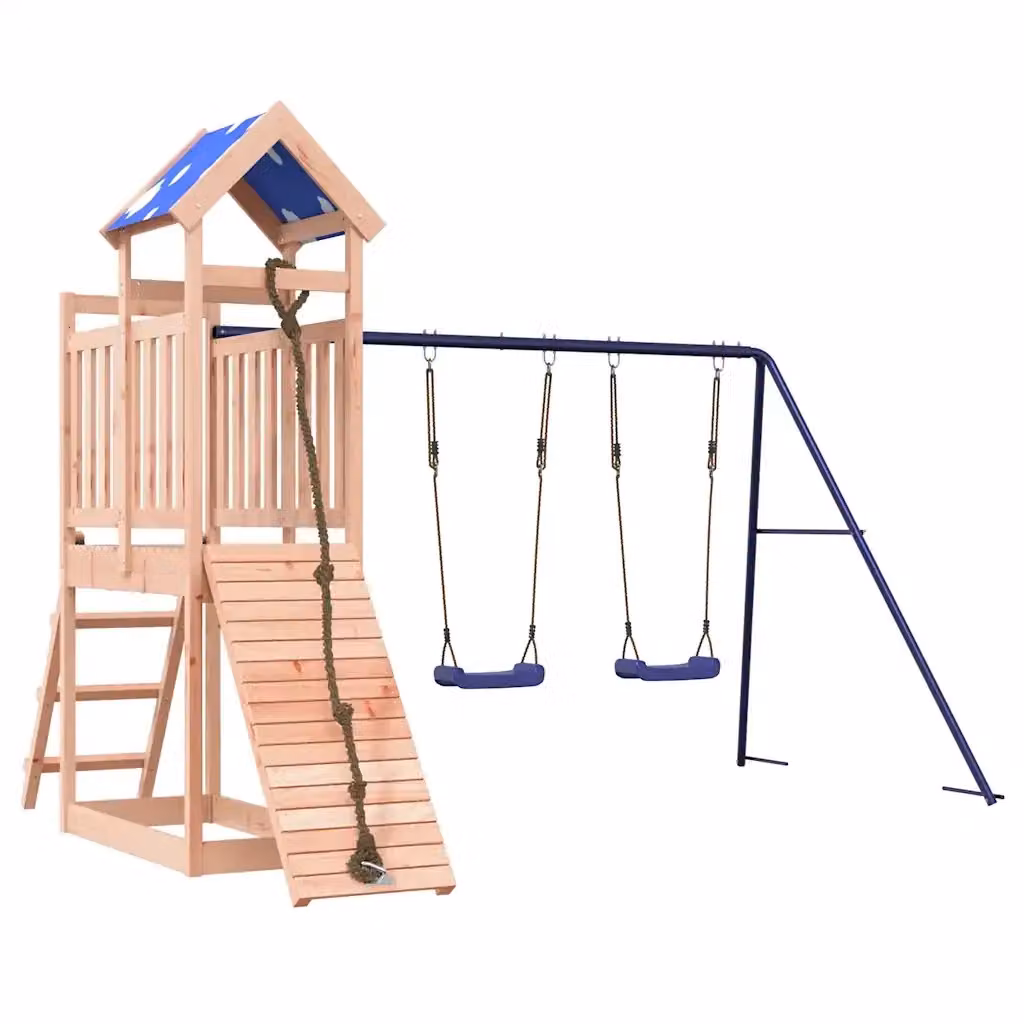 vidaXL Set da Gioco da Esterno in Legno di Douglas con Torre per Bambini, Altalena e Sabbiera, Marrone e Blu, L/P/H: 313 x 248 x 215 cm – 2